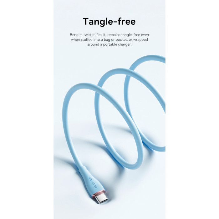 Дата кабель USB-C to USB-C 1.0m USB2.0 100W (20V/5A) Light Blue Silicone Vention (TAWSF) изображение 6