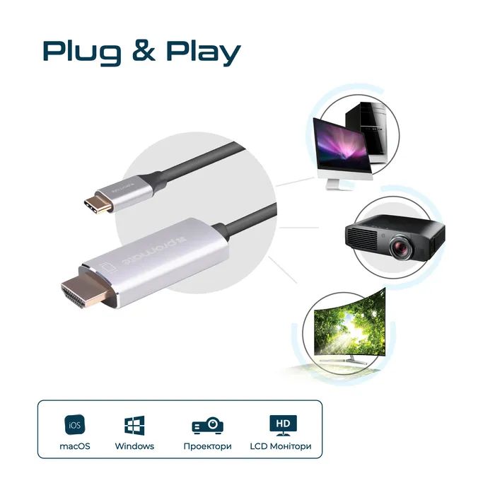 Кабель мультимедийный USB-C to HDMI M 1.5m grey Promate (hdlink-60h.grey) изображение 8
