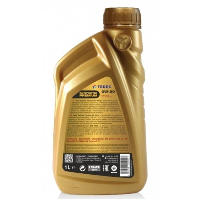 Моторное масло TEDEX SYNTHETIC PREMIUM SM/CF/EC 0W30 1л изображение 2