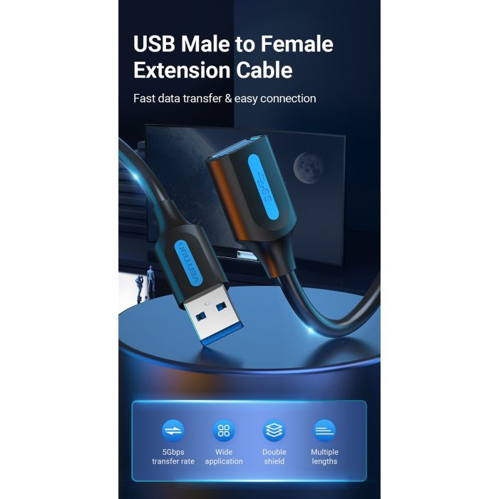 Дата кабель USB 2.0 AM/AF 2.0m black Vention (CBHBH) зображення 6