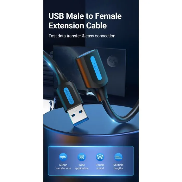 Дата кабель USB 3.0 AM/AF 1.5m black Vention (CBHBG) зображення 6
