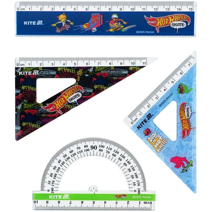 Линейка Kite набор: линейка 15 см, 2 угольника, транспортир Hot Wheels (HW25-282)