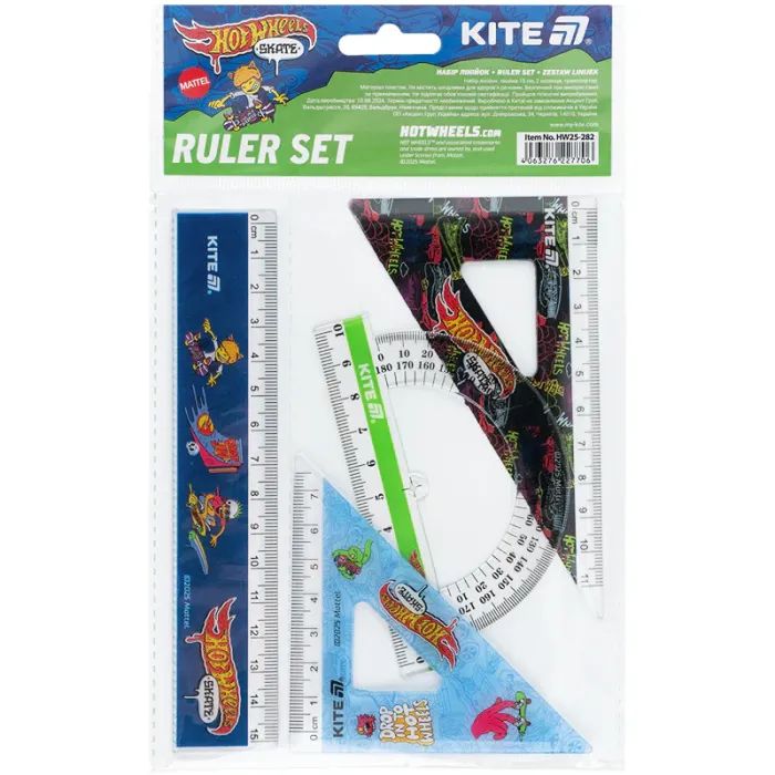Линейка Kite набор: линейка 15 см, 2 угольника, транспортир Hot Wheels (HW25-282) изображение 2