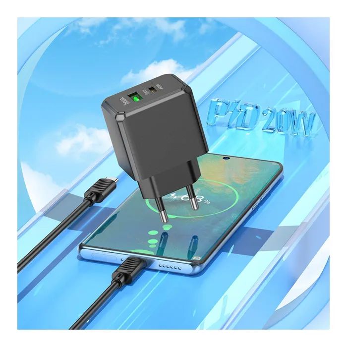 Зарядное устройство HOCO CS14A USB-C PD20W + USB QC3.0 + cable USB-C to USB-C black (6942007603911) изображение 7