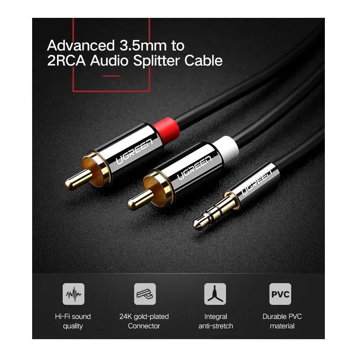 Кабель мультимедийный 3.5mm M to 2xRCA M 2.0m AV116 black Ugreen (10584) изображение 2 Кабель мультимедийный 3.5mm M to 2xRCA M 2.0m AV116 black Ugreen (10584) изображение 2