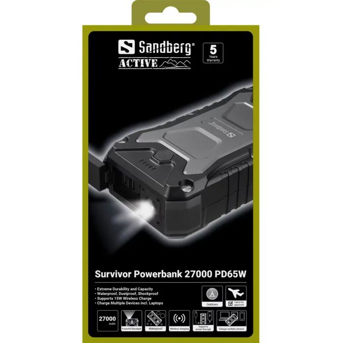 Батарея універсальна Sandberg 27000mAh Survivor PD/65W, IP66, LED Torch, QC/3.0/18W, QI-15W, Pass-Through Charging (420-99) зображення 4