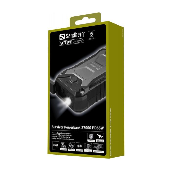 Батарея універсальна Sandberg 27000mAh Survivor PD/65W, IP66, LED Torch, QC/3.0/18W, QI-15W, Pass-Through Charging (420-99) зображення 5