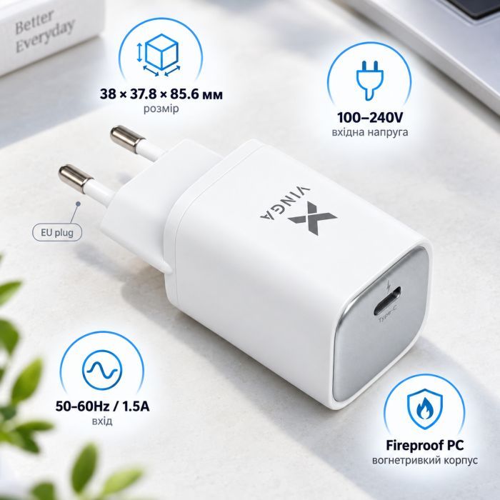 Зарядний пристрій Vinga USB-C PD PPS 45W (VCR45CB) зображення 2