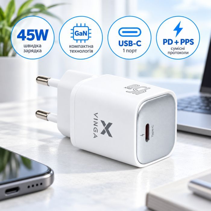 Зарядний пристрій Vinga USB-C PD PPS 45W (VCR45CB) зображення 4