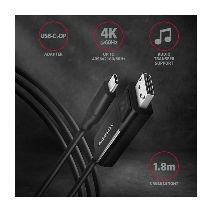 Кабель мультимедийный USB-C to DisplayPort M 1.8m 4K60Hz black AXAGON (RVC-DPC) изображение 2