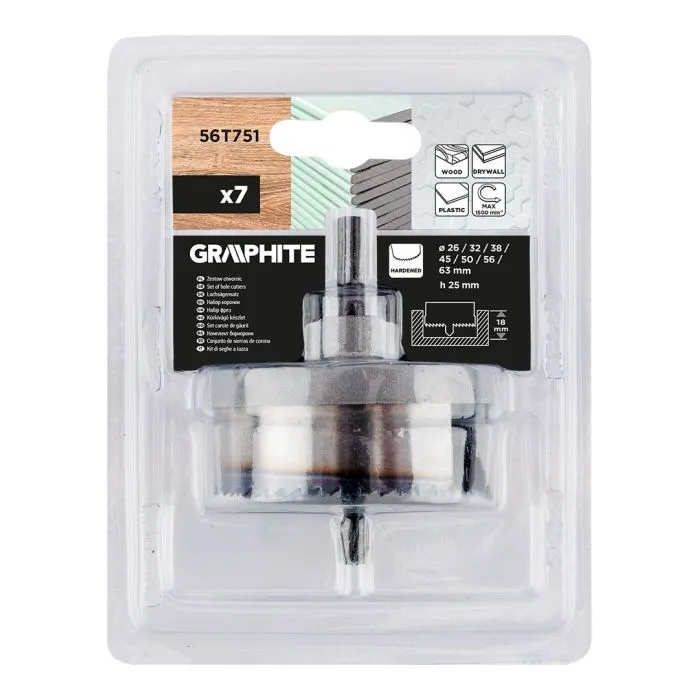 Коронка Graphite по дереву, закаленные зубцы, 26-63х25мм, 7шт (56T751) изображение 7