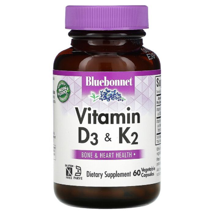 Витамин Bluebonnet Nutrition Витамины D3 и K2, Vitamins D3 & K2, 60 вегетарианских капсу (BLB-00654)