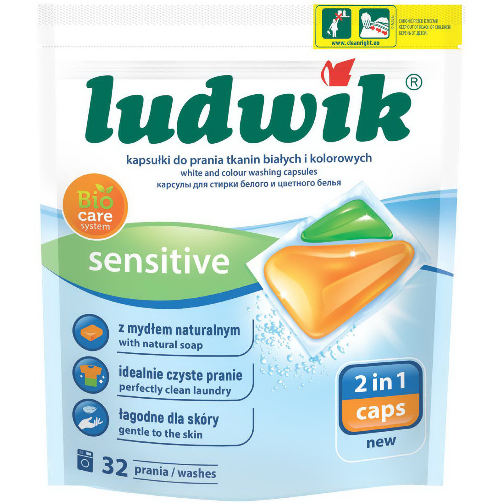 Капсулы для стирки Ludwik Sensitive 2 в 1 для белых и цветных вещей 32 шт. (5900498025910)