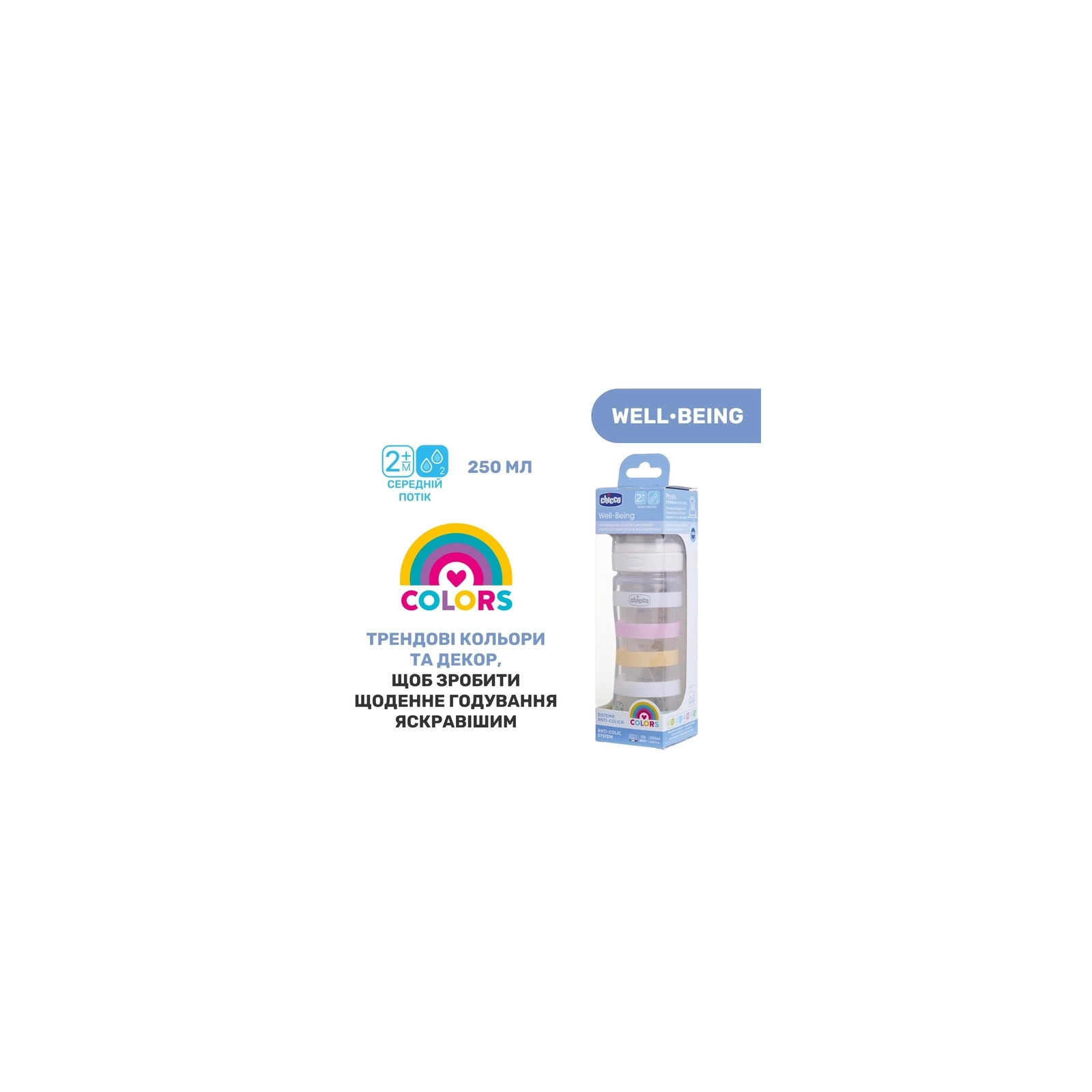 Пляшечка для годування Chicco Well-Being Colors з силіконовою соскою 2м+ 250 мл М'ятна (28623.21) зображення 8