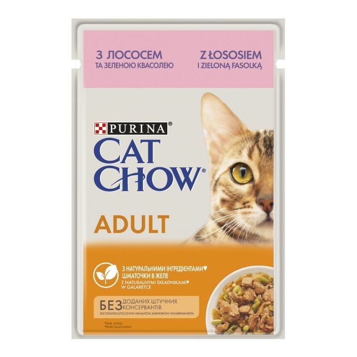 Вологий корм для кішок Purina Cat Chow Adult з лососем і зеленою квасолею в желе 85г (7613036595063)