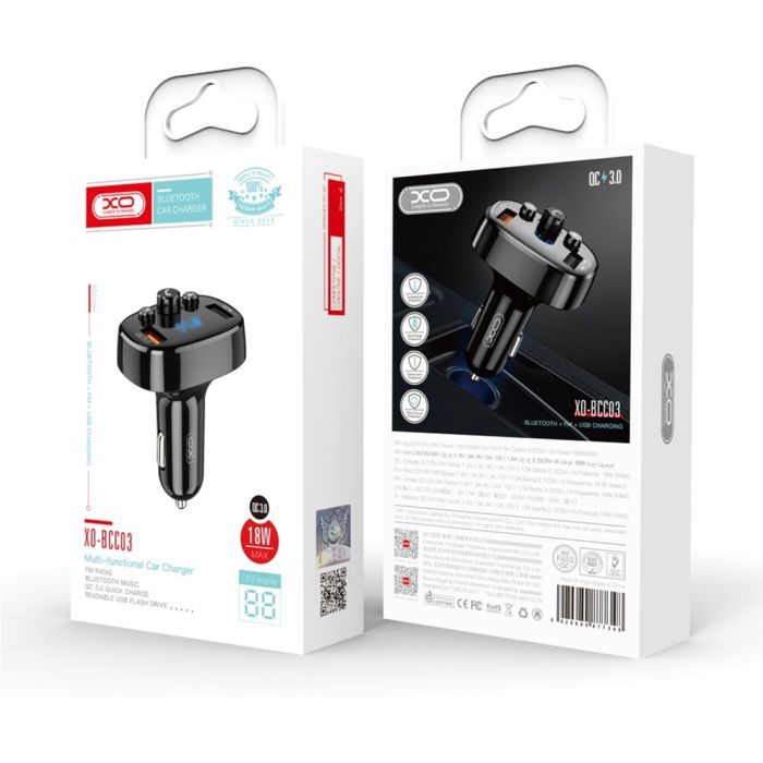 FM модулятор XO BCC03 Car Charger 18W Bluetooth+QC3.0 Quick Charger Black (XO-BCC03) изображение 4
