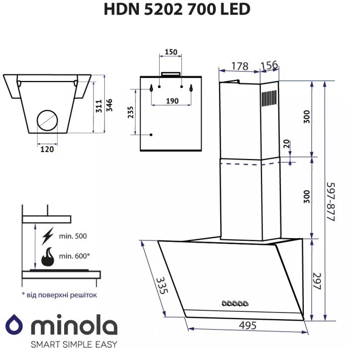 Витяжка кухонна Minola HDN 5202 BL/INOX 700 LED зображення 12