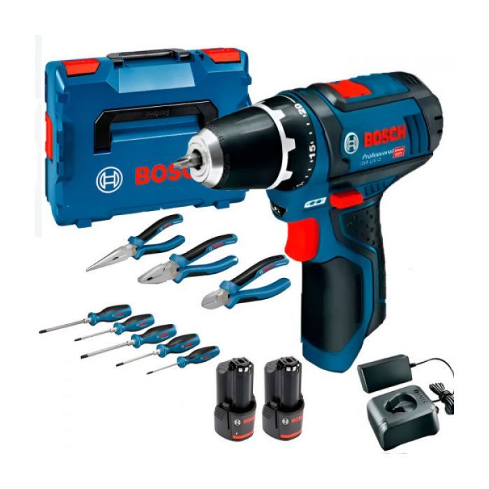 Шуруповерт Bosch GSB 12В 2х2Ah, + набор ручного инструмента (0.601.868.10R)