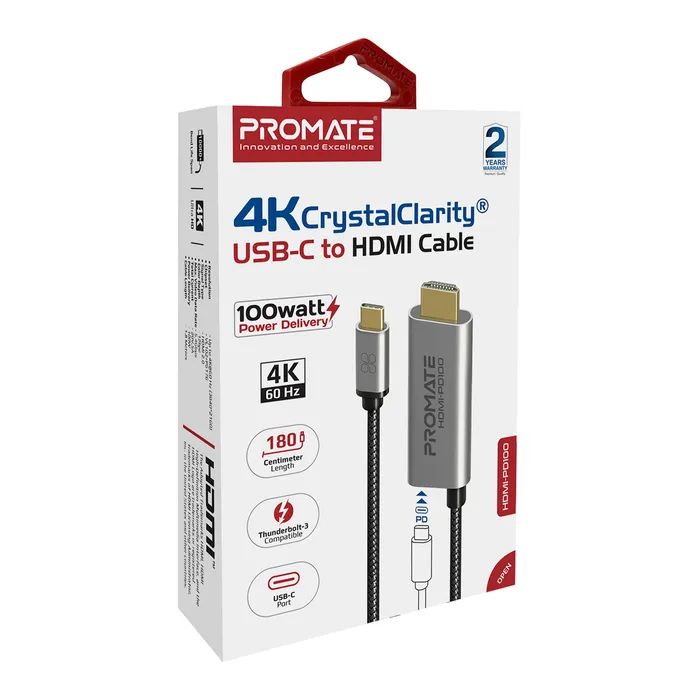 Кабель мультимедійний USB-C to HDMI M 1.8m + USB-CF grey Promate (hdmi-pd100.grey) зображення 2