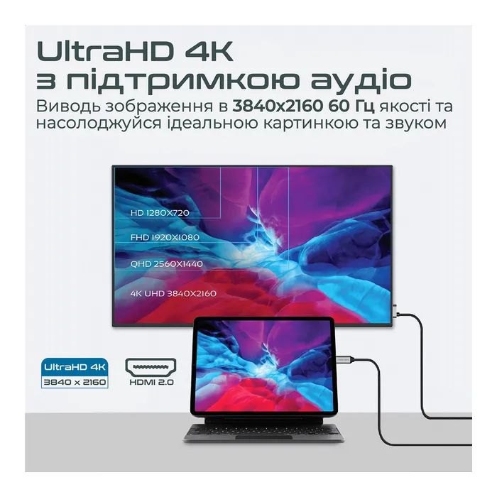 Кабель мультимедійний USB-C to HDMI M 1.8m + USB-CF grey Promate (hdmi-pd100.grey) зображення 3