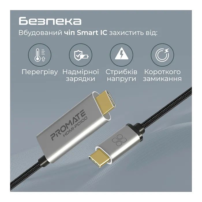 Кабель мультимедійний USB-C to HDMI M 1.8m + USB-CF grey Promate (hdmi-pd100.grey) зображення 7