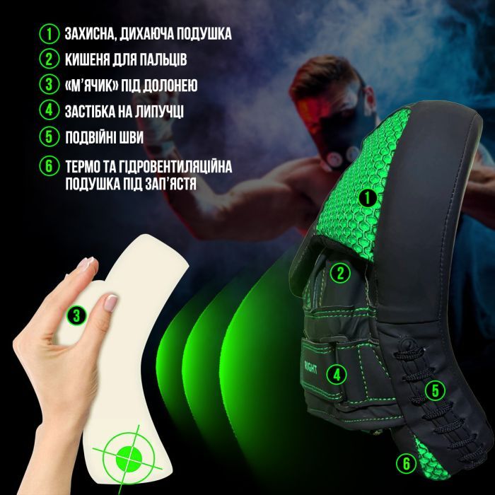 Лапы боксерские PowerPlay 3044 Pro Carbon Ultra Series Чорно-Зелені (PP_3044_Bl/Green) изображение 9