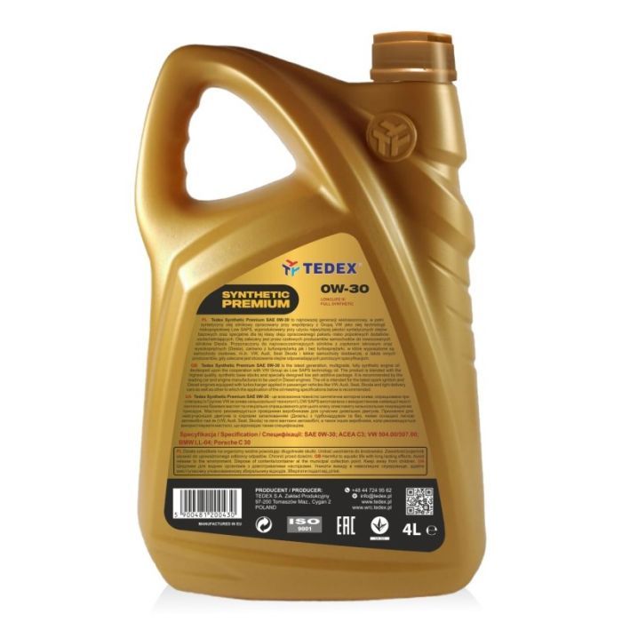Моторна олива TEDEX SYNTHETIC PREMIUM SM/CF/EC 0W30  4л зображення 2