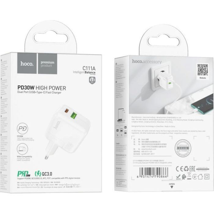 Зарядний пристрій HOCO C111A Lucky 1xUSB-C PD30W + 1xUSB QC3.0 White (6931474790866) зображення 4