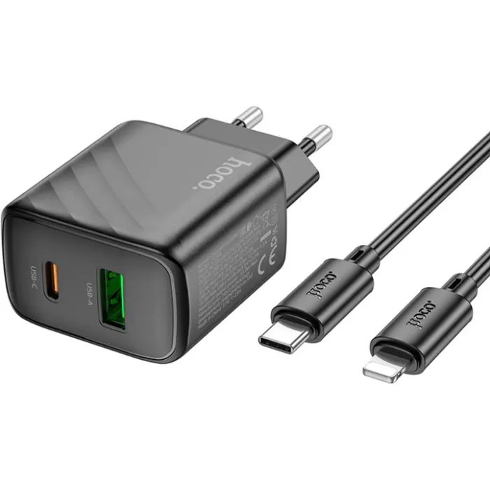 Зарядное устройство HOCO CS23A USB-C PD30W + 1xUSB QC3.0 + cable USB-C to Lightning black (6942007609951) изображение 4