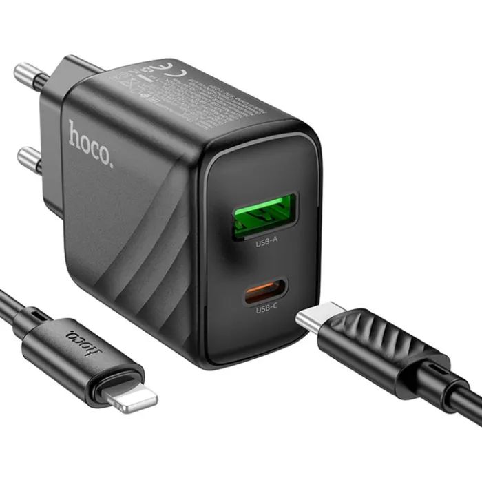 Зарядное устройство HOCO CS23A USB-C PD30W + 1xUSB QC3.0 + cable USB-C to Lightning black (6942007609951) изображение 5