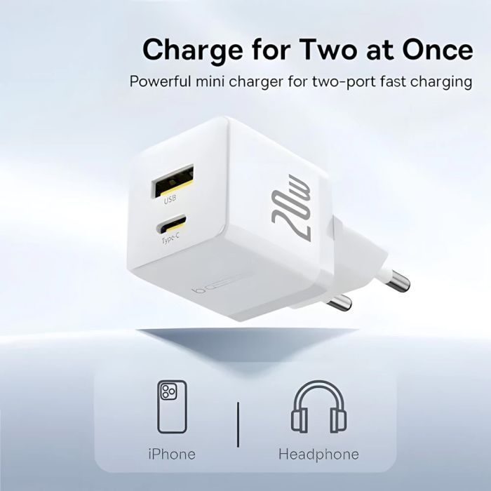 Зарядное устройство Baseus 1xUSB-C 20W + 1xUSB white + cable USB-C to USB-C 60W 1.0m (P10111608213-01) изображение 7