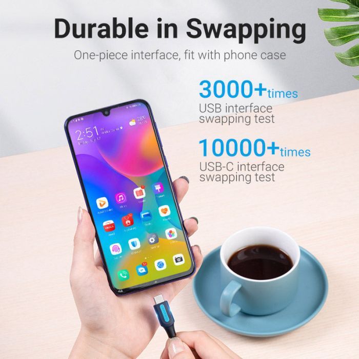 Дата кабель USB 2.0 AM to USB-C 0.5m 5A black Vention (CORBD) зображення 6