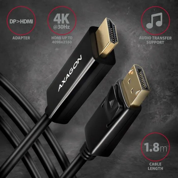 Кабель мультимедійний HDMI M to DisplayPort M 1.8m 4K30Hz black AXAGON (RVD-HI14C2) зображення 2