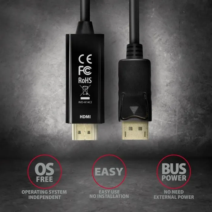 Кабель мультимедійний HDMI M to DisplayPort M 1.8m 4K30Hz black AXAGON (RVD-HI14C2) зображення 5