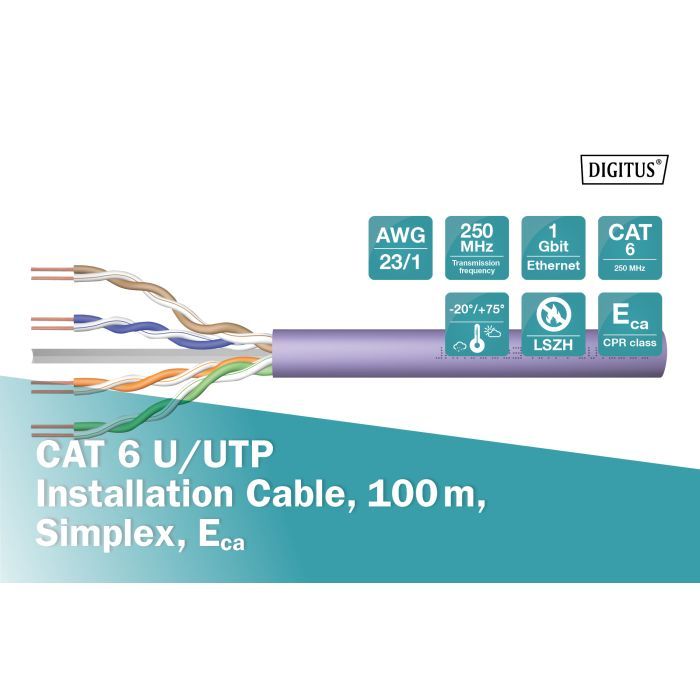 Кабель сетевой Digitus UTP 100м, cat.6, AWG 23/1, CU, LSZH-1, violet (U-UTP) (DK-1613-VH-1) изображение 3