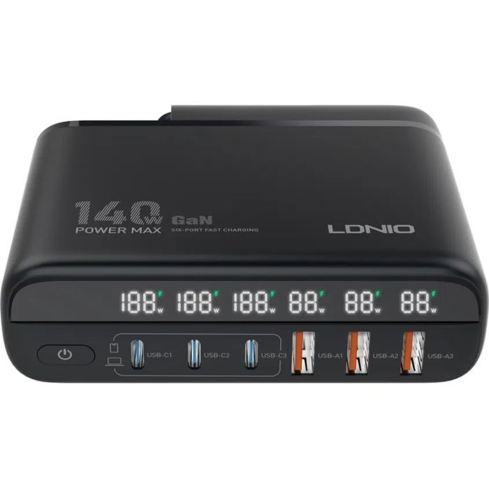 Зарядное устройство LDNIO 1xUSB-C PD140W + cable USB-C to USB-C 1.5m LED display 100W (A6140C) изображение 2