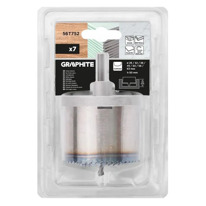 Коронка Graphite по дереву, закаленные зубцы, 26-63х50мм, 7шт (56T752) изображение 8