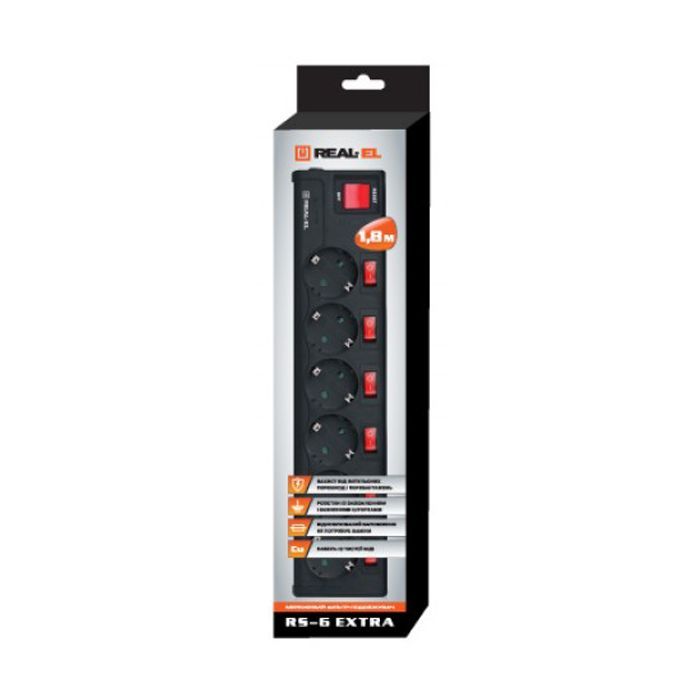 Сетевой фильтр питания REAL-EL RS-6 EXTRA 1.8m, black (EL122300001) изображение 2