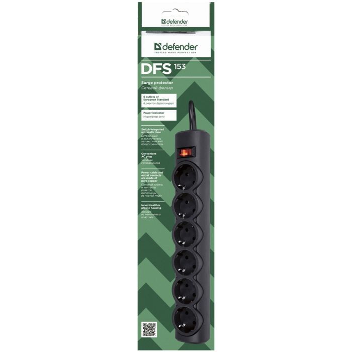 Мережевий фільтр живлення Defender 153, 3 m, 6 роз, black (99495) зображення 2