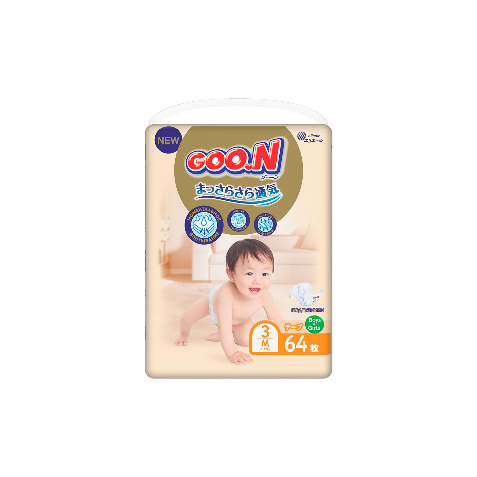 Подгузники GOO.N Premium Soft 7-12 кг размер М на липучках 64 шт (863224)