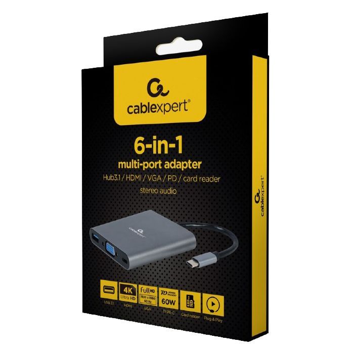 Концентратор Cablexpert USB-C 6-in-1 (Hub3.1/HDMI/VGA/PD/card-reader/audio) (A-CM-COMBO6-01) изображение 3