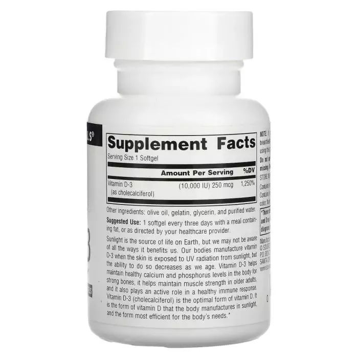 Витамин Source Naturals Витамин D-3, 10000 МЕ, Vitamin D-3, 60 гелевых капсул (SN2791) изображение 2
