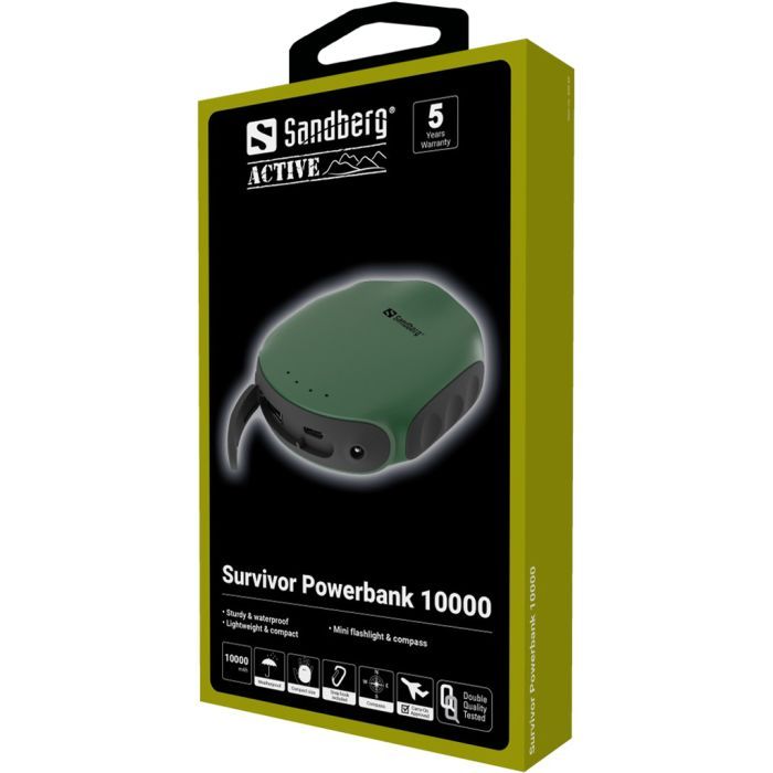Батарея универсальная Sandberg 10000mAh, Survivor, USB*2, мини-компас, мини-фонарик (420-60) изображение 2
