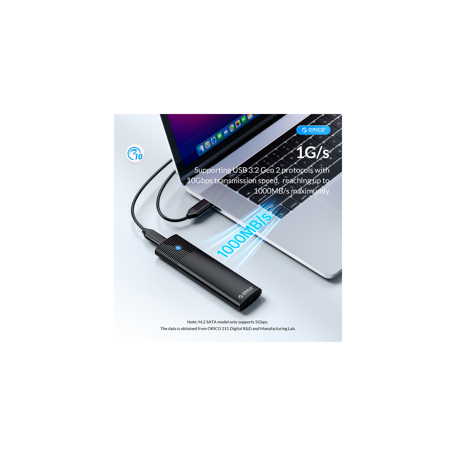 Карман внешний Orico USB3.2 Gen2 USB-C M.2 NVMe/NGFF(SATA) Dual Protocol SSD (HC380503) изображение 3