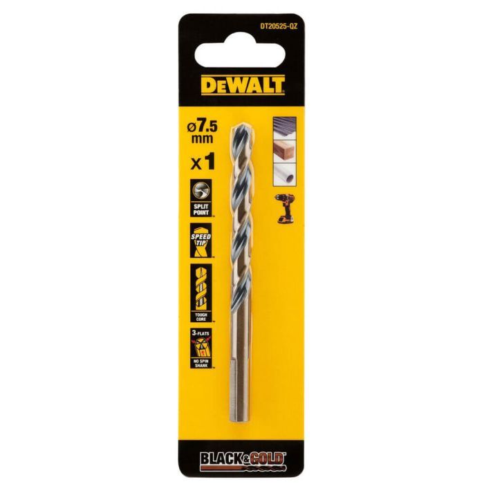 Сверло DeWALT по металлу Black & Gold,HSS-G, 7.5 х 109 х 69 мм (DT20525)