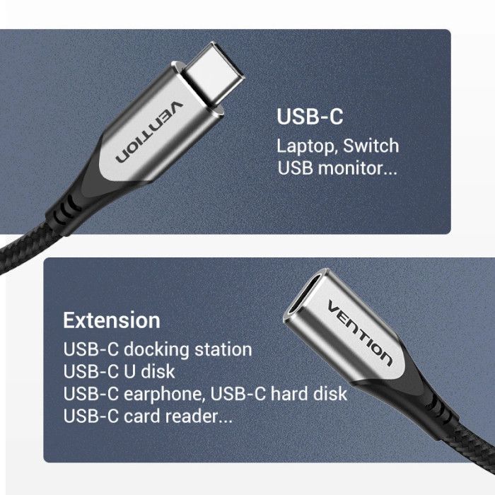 Дата кабель USB-C M/F 1.0m Thunderbolt 3 60W (20V/3A) 4K60HZ Vention (TABHF) зображення 2