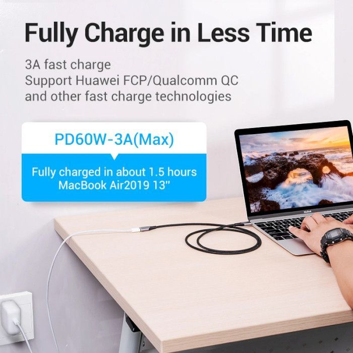 Дата кабель USB-C M/F 1.0m Thunderbolt 3 60W (20V/3A) 4K60HZ Vention (TABHF) зображення 4