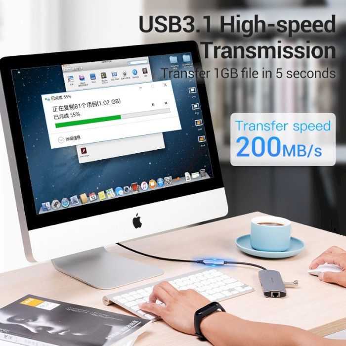 Дата кабель USB-C M/F 1.0m Thunderbolt 3 60W (20V/3A) 4K60HZ Vention (TABHF) зображення 5