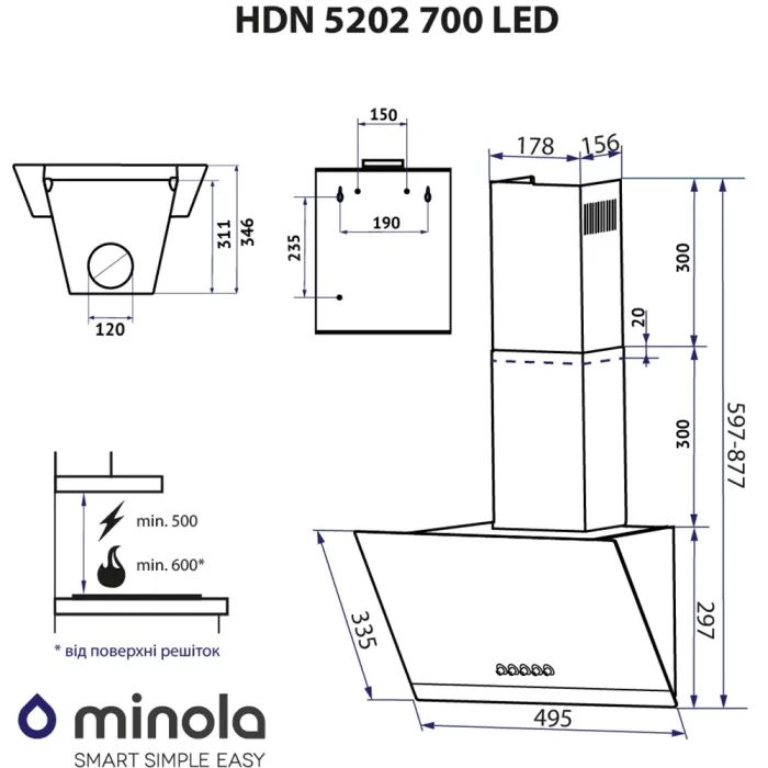 Вытяжка кухонная Minola HDN 5202 WH/INOX 700 LED изображение 12