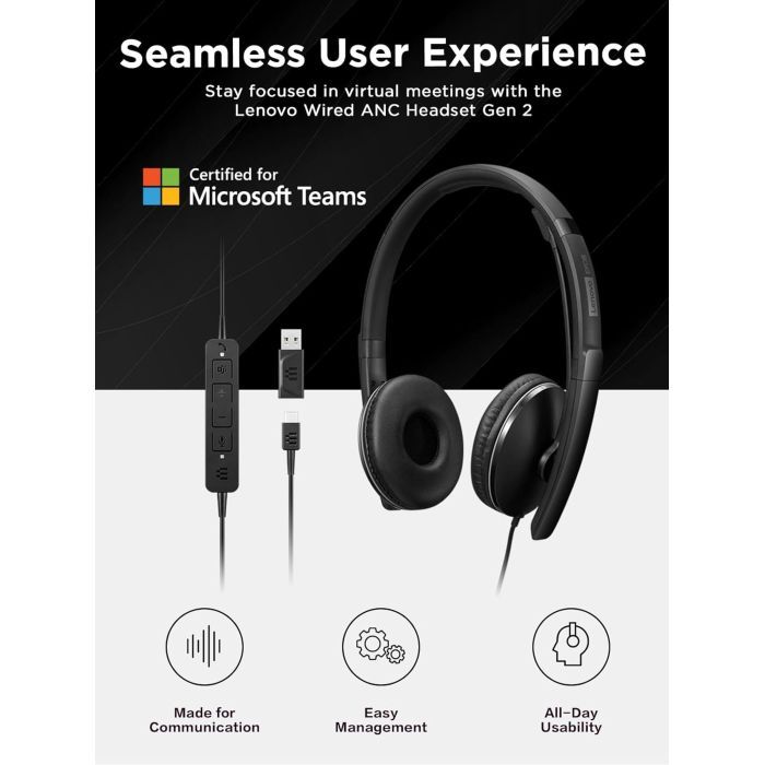Наушники Lenovo Wired ANC Headset Gen 2 (Teams) Black (4XD1M45627) изображение 4